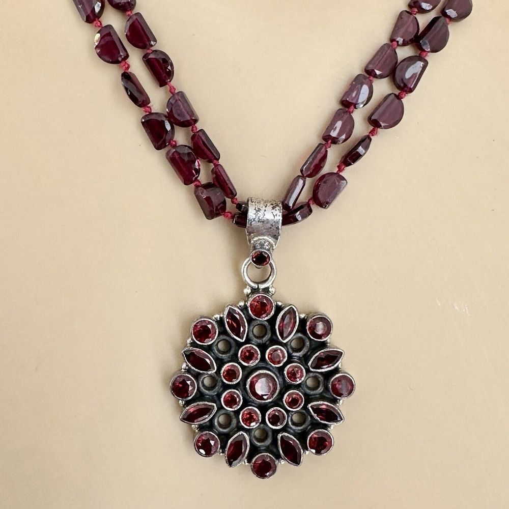 VTG Beaded Pendant Necklace 16 Inch Amethyst Bead Garnet Sterling 41.0g
